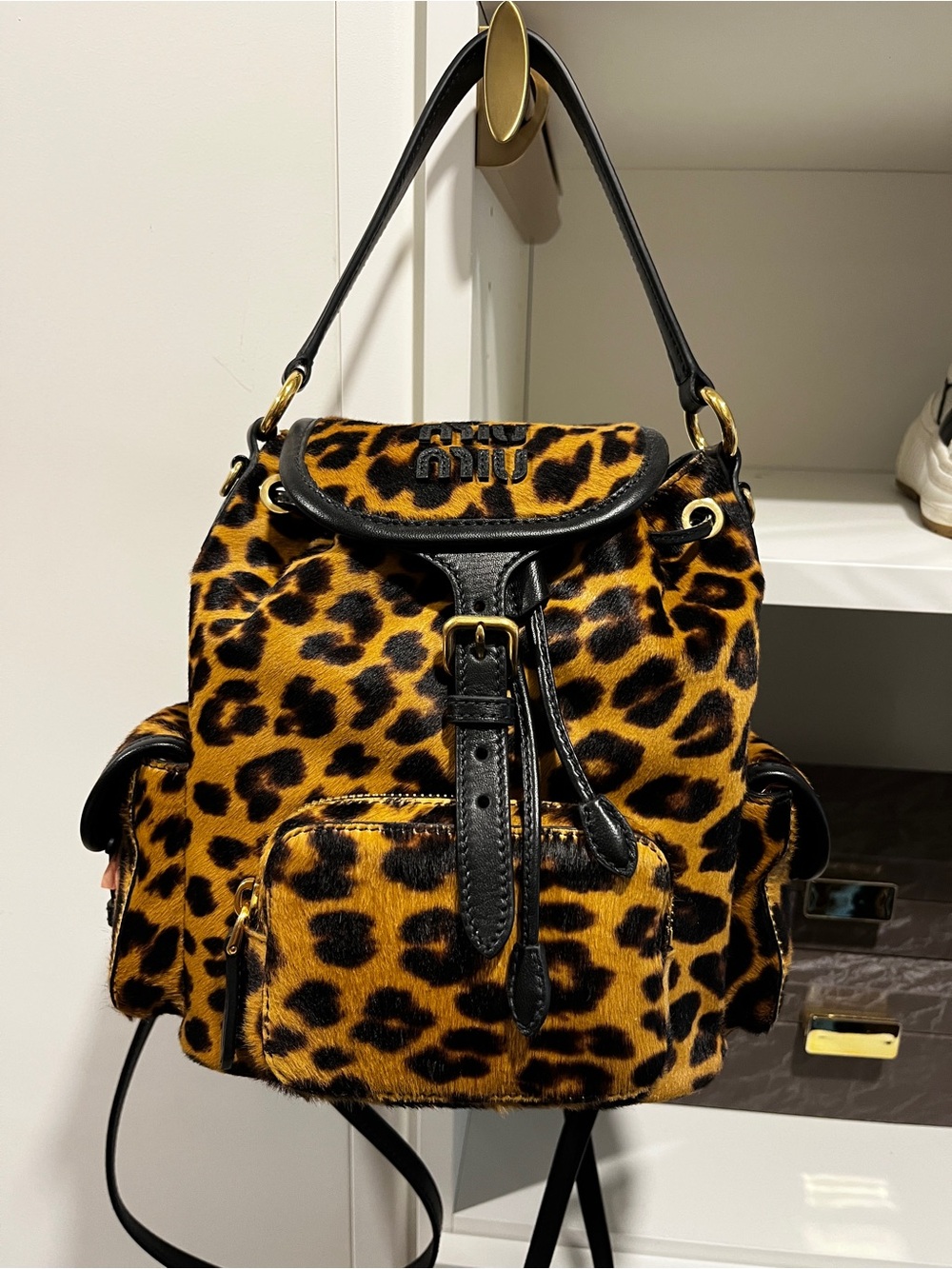 Miu Miu Leopard Print Mini Backpack in Yellow, Black & Brown - NEVER used